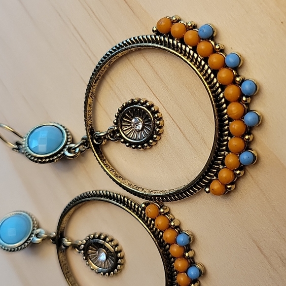 Bohemian Bead Drop Hoop Earrings, turquoise and tangerine - Picture 4 of 7